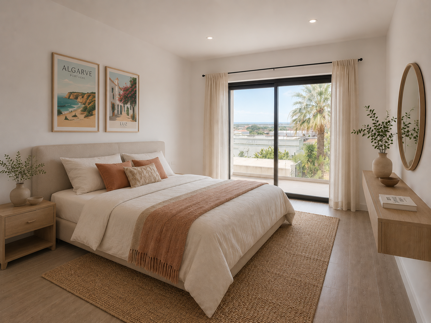 Chambre principale avec vue sur les palmiers